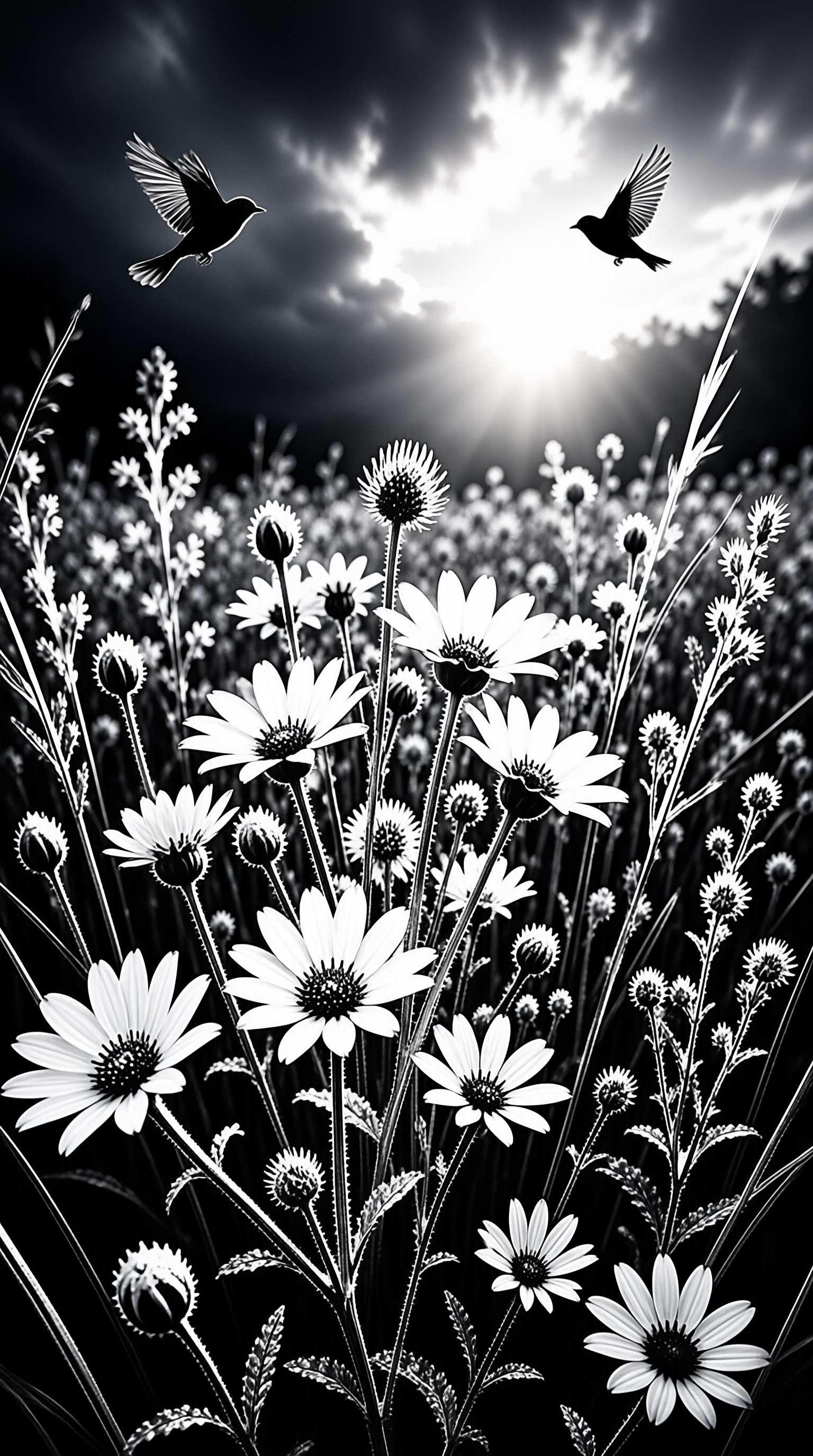 Two black birds soar above a field of pale daisies as sunlight bursts through heavy dark clouds.