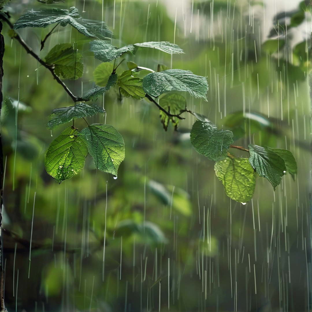 Vibrant green leaves covered in water droplets hang from a dark branch as heavy rain falls vertically through the frame against a softly blurred forest background.