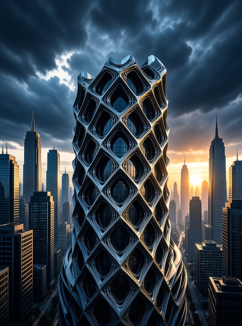 A parametric diamond cell skyscraper rises through dark storm clouds while low sun sets behind a distant city cluster