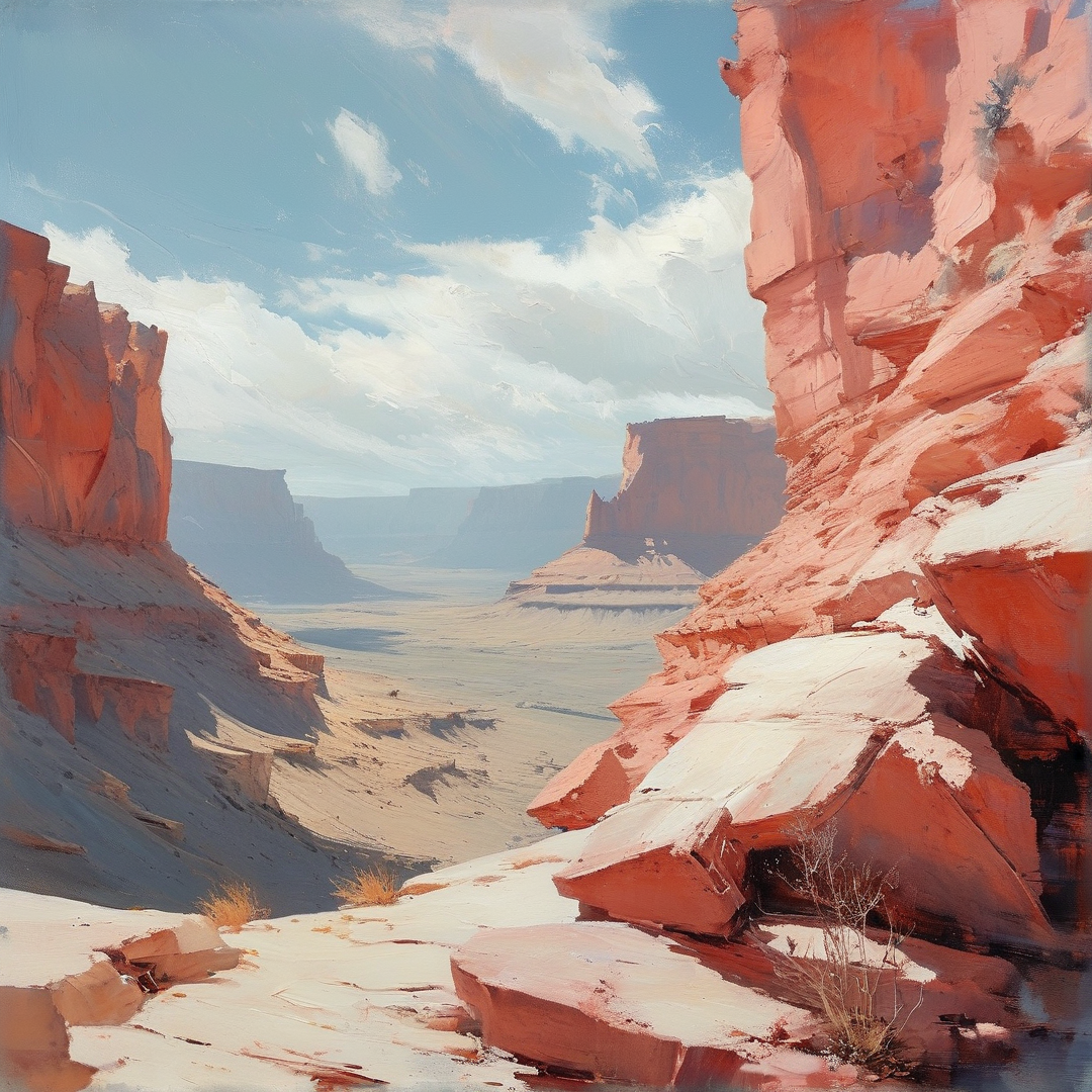 A painting depicts towering orange cliffs overlooking a wide sandy desert valley beneath a partly cloudy sky.