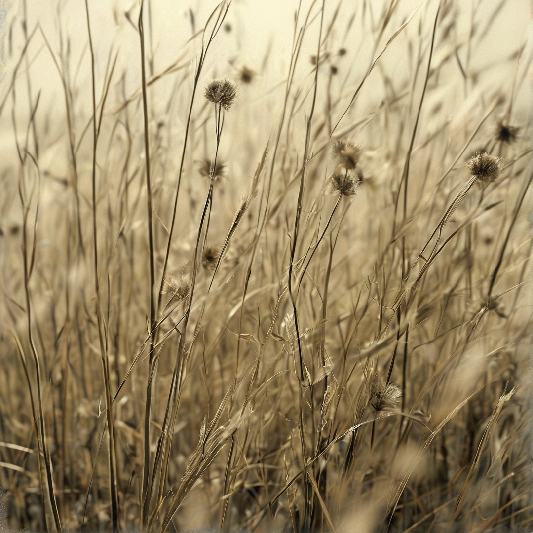 Dried plant stalks with fuzzy seed heads rise through tan grasses bathed in diffused sepia lighting.