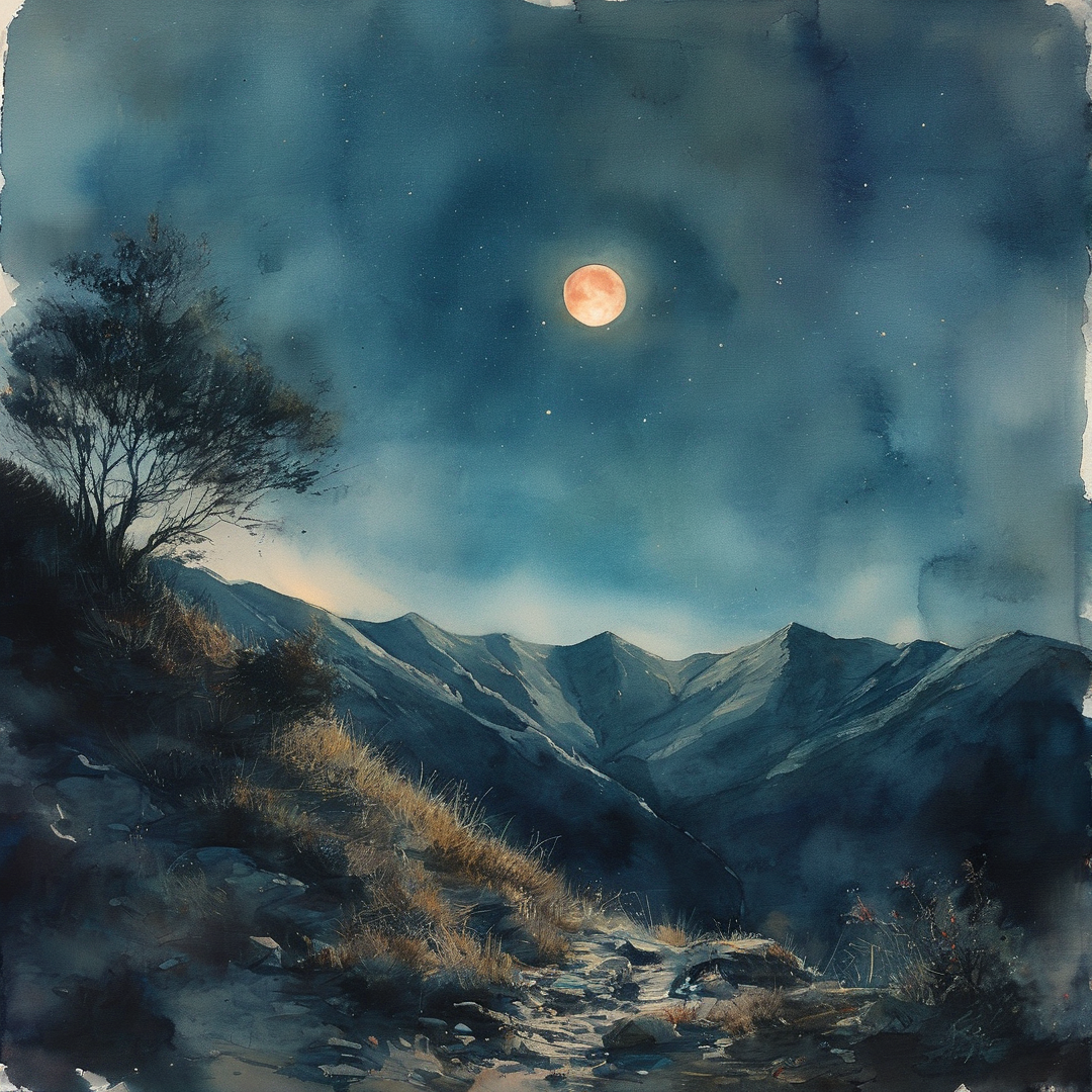 A rocky path winds through dark mountains under a large orange moon against a cloudy blue night sky.