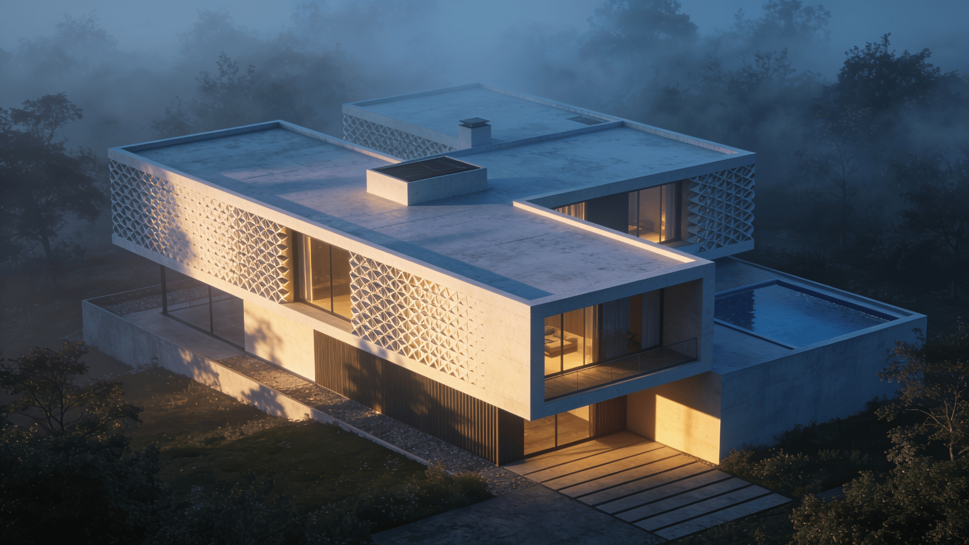 Villa with Parametric Facade — Foggy Morning