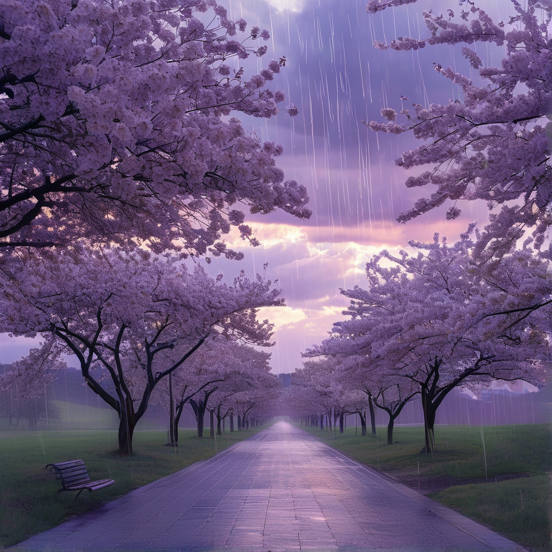 Purple rain falls on a long paved walkway lined with blooming cherry blossom trees creating a tunnel effect under clouds.