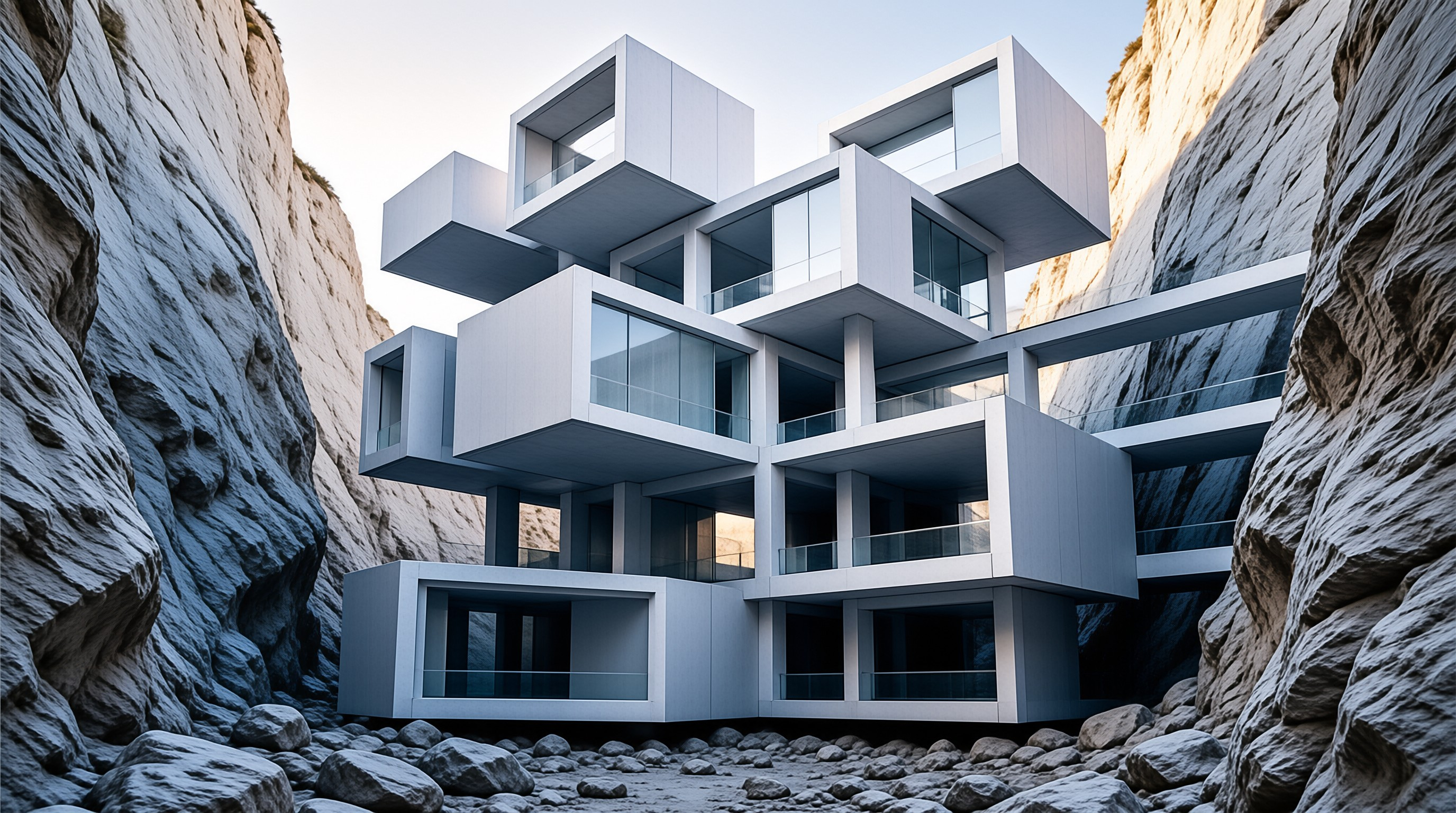 A multi-level white geometric house features glass balconies and is positioned between steep rocky cliffs under a bright sky.