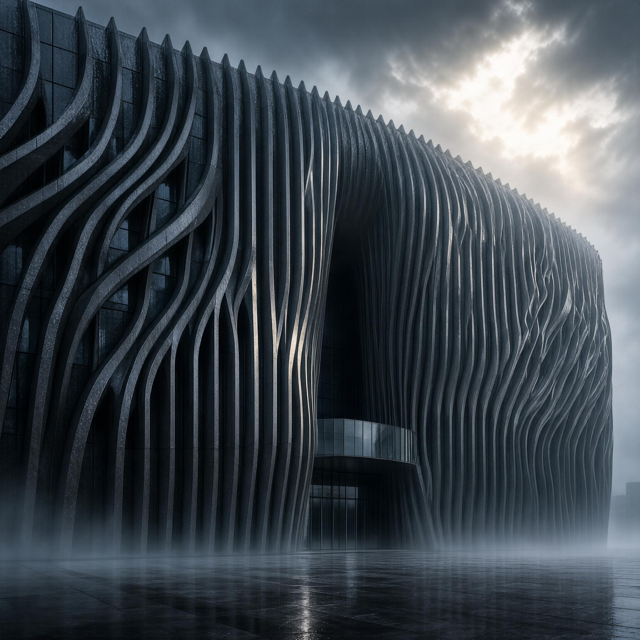 Futuristic Ribbed Architecture in Fog
