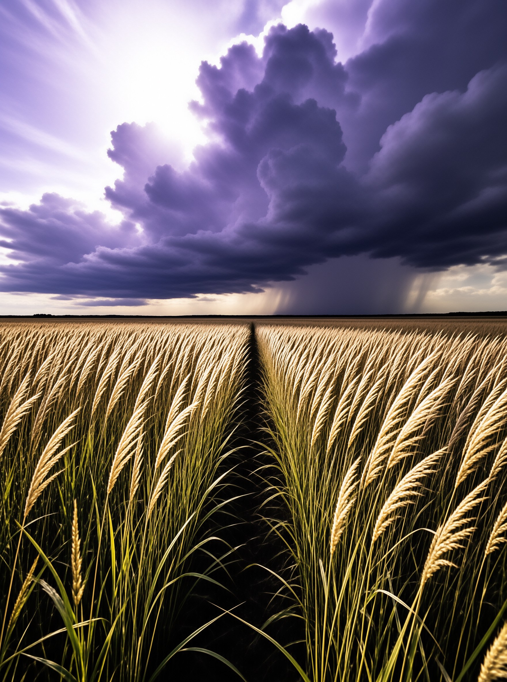 A wide shot of ripe grain crops split by a shadow line beneath heavy rain clouds with sunbeams.