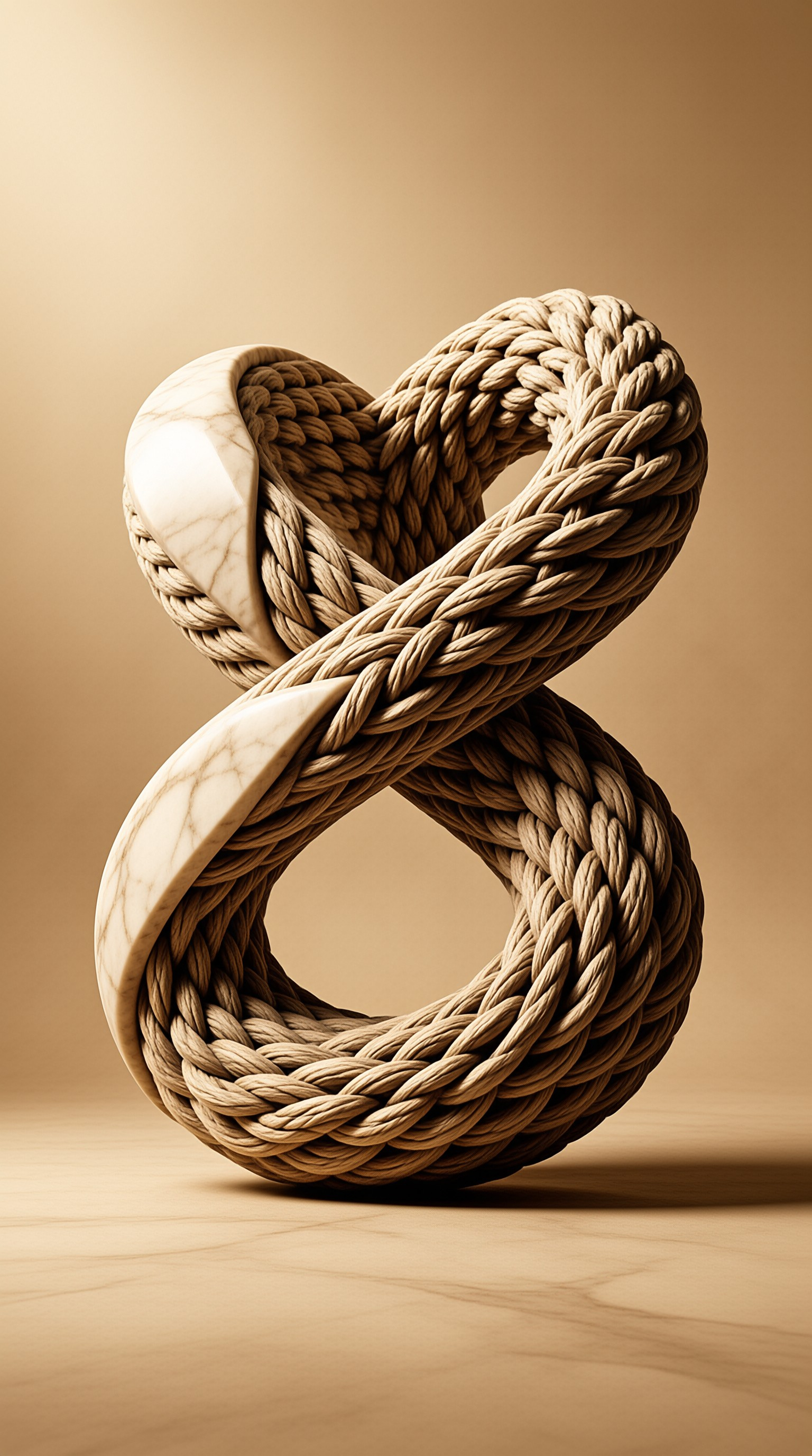 A twisted figure eight sculpture made of thick braided rope interwoven with smooth marble segments under studio lighting.