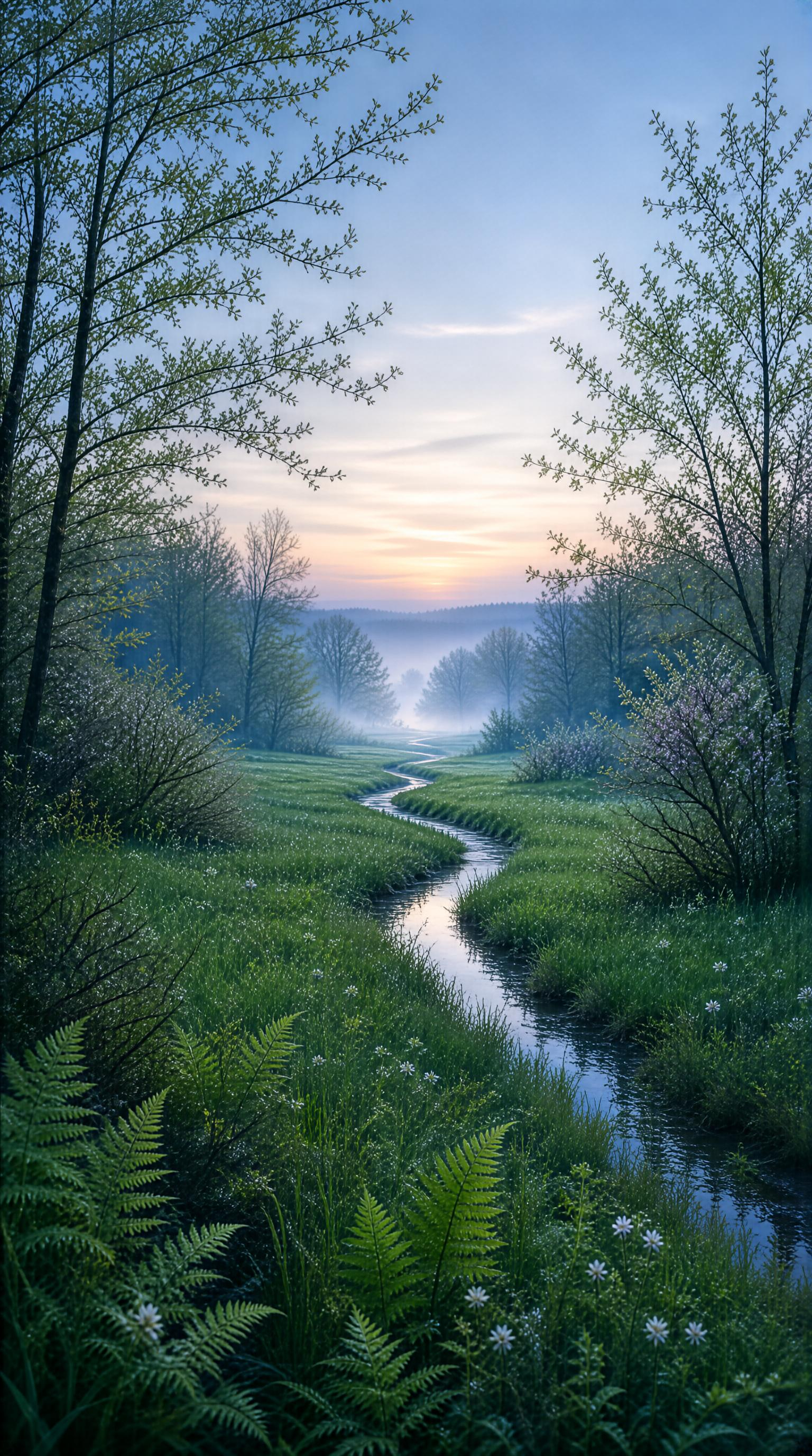 Morning Mist Over a Winding Stream