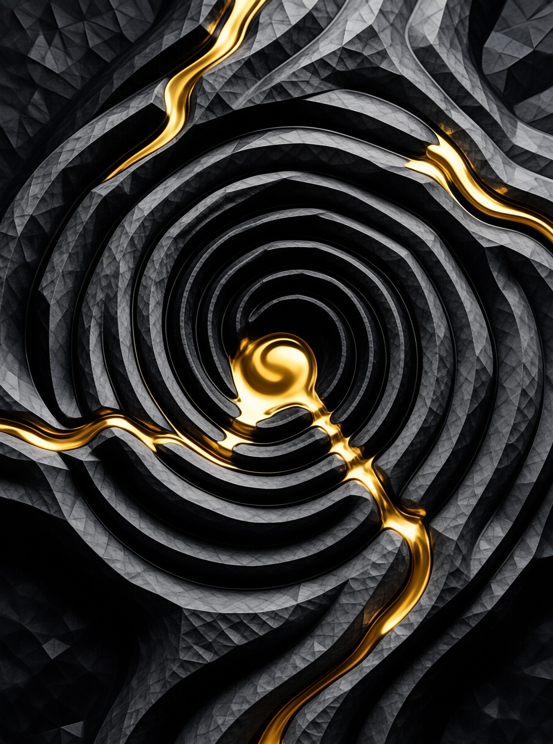 Bright metallic gold streaks curve around a dark polygonal vortex creating a dynamic abstract composition.