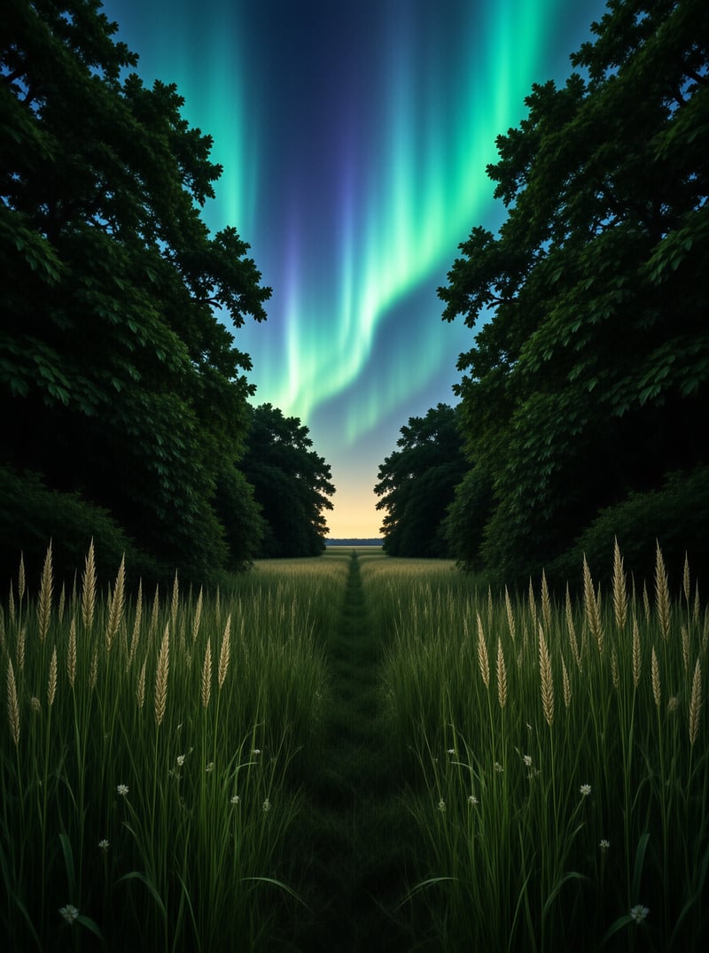 Green Aurora over Forest Path