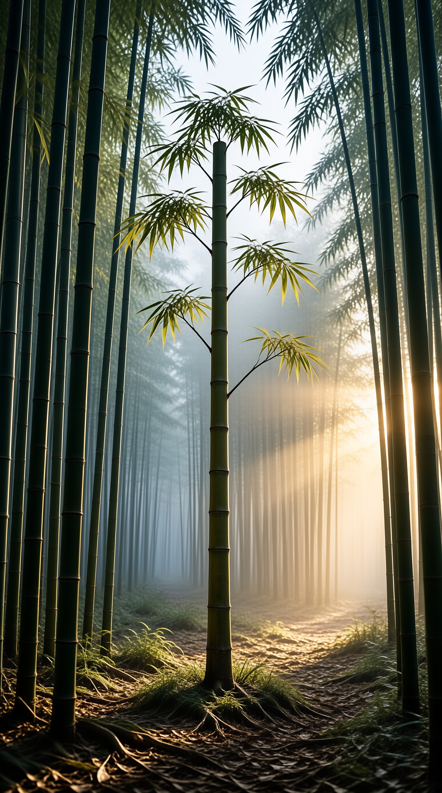 Sunlit Bamboo Forest in Mist
