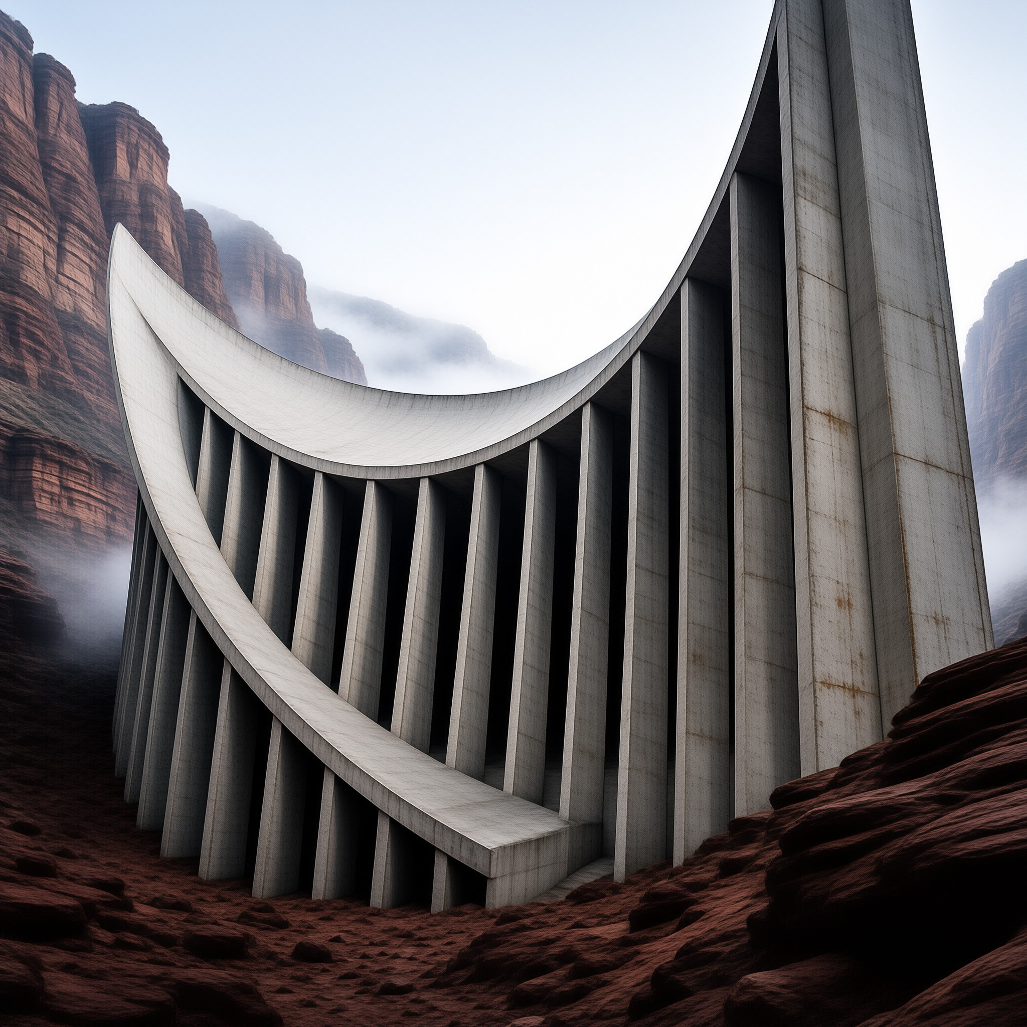 A sweeping wall of slender concrete fins curves between rust-colored cliffs veiled in drifting morning mist.