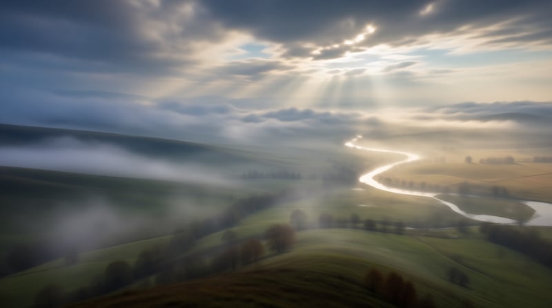 Misty River Valley at Sunrise