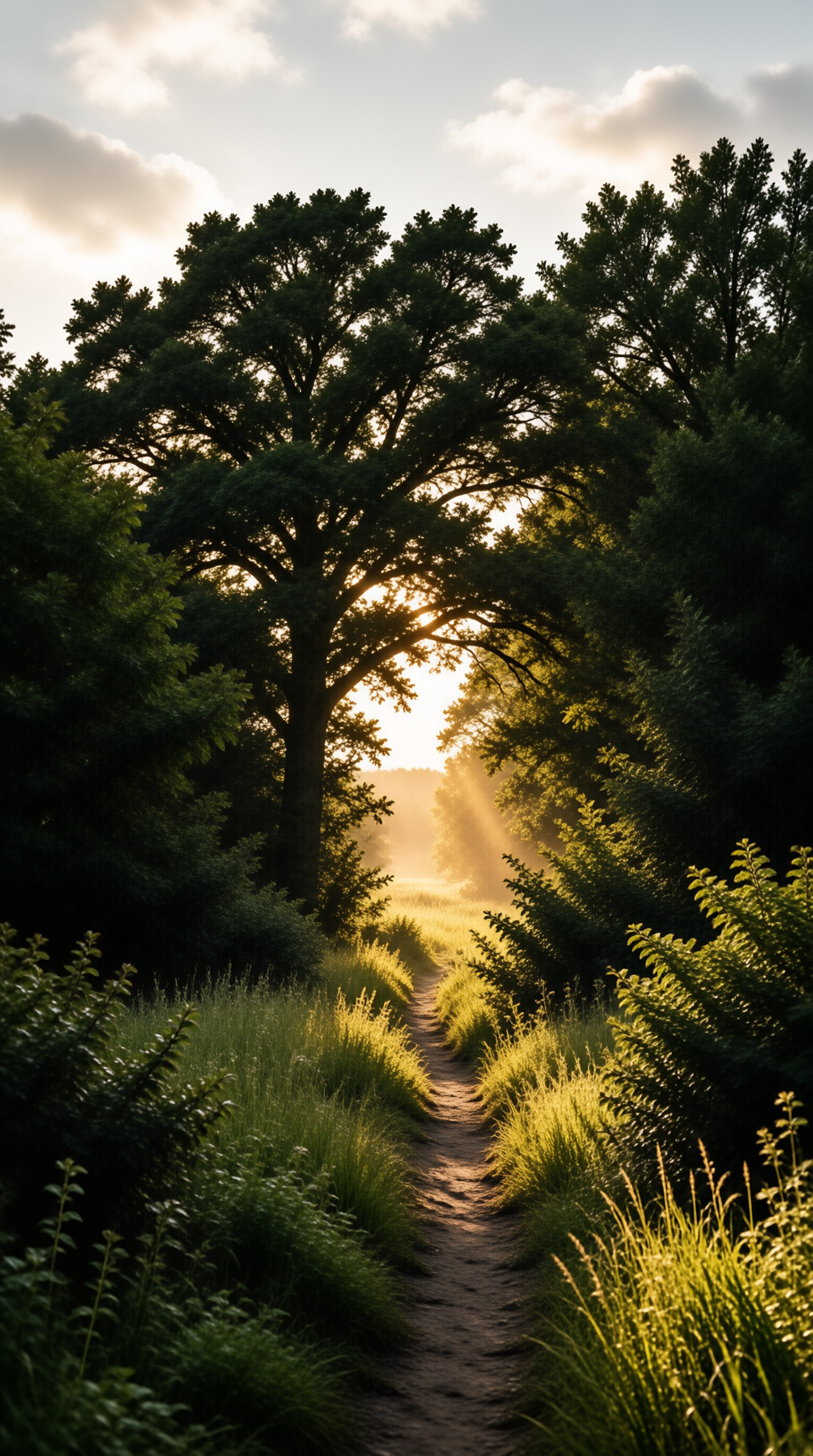 A winding dirt path cuts through lush woods where bright golden sunbeams pierce the dense canopy above.