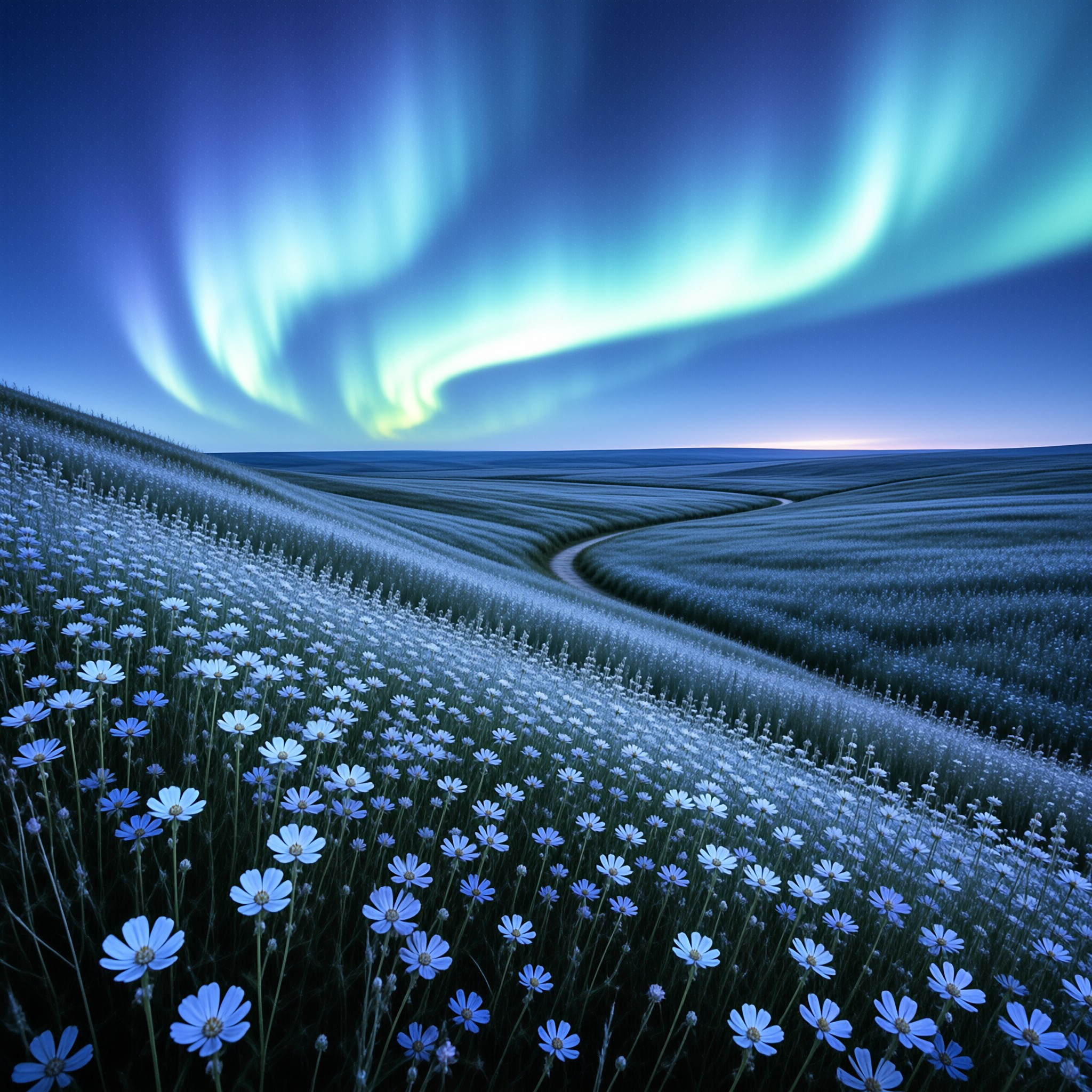 Aurora over Blue Flower Field