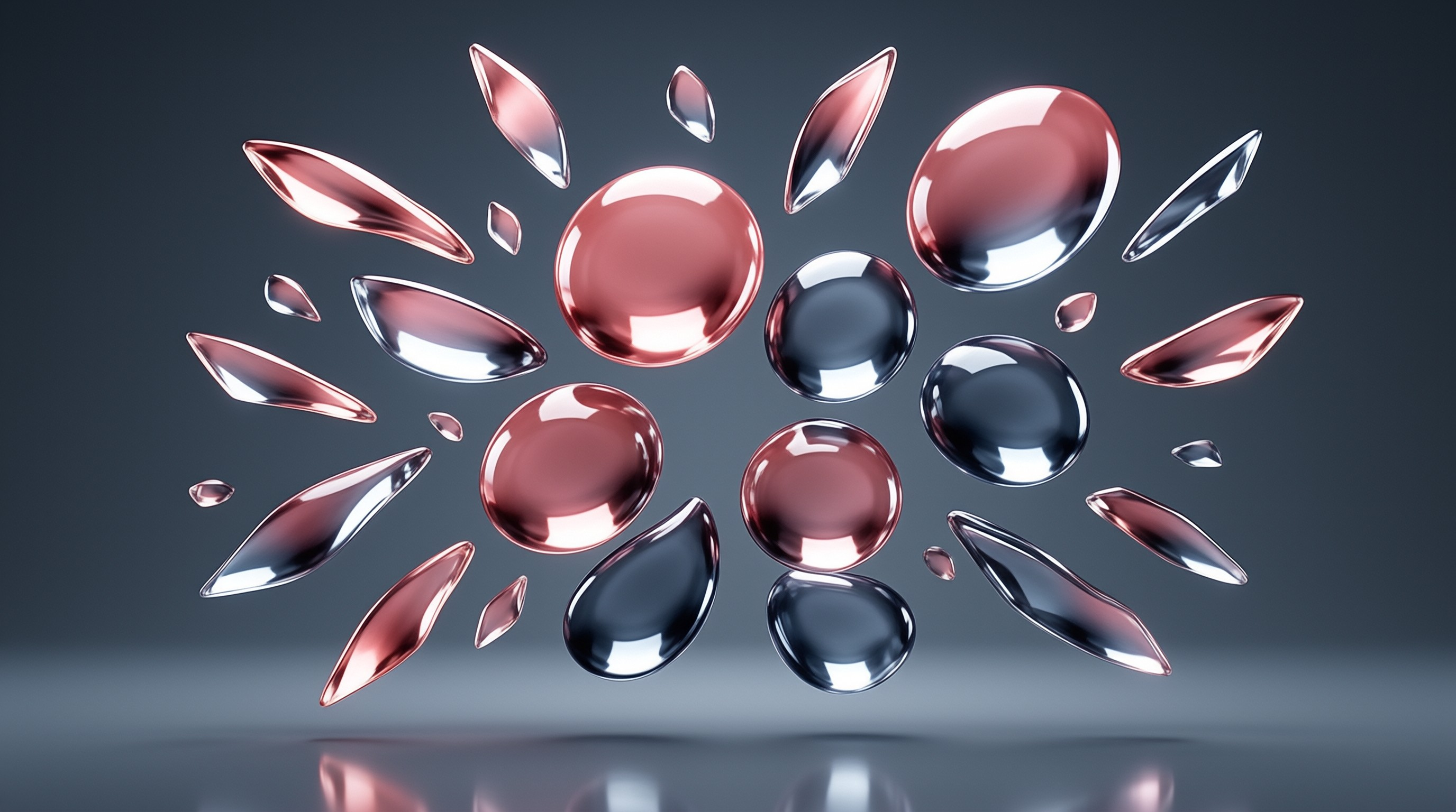 A cluster of shiny rose pink and dark blue teardrop shapes floats in a void of soft grey light with clear reflections.