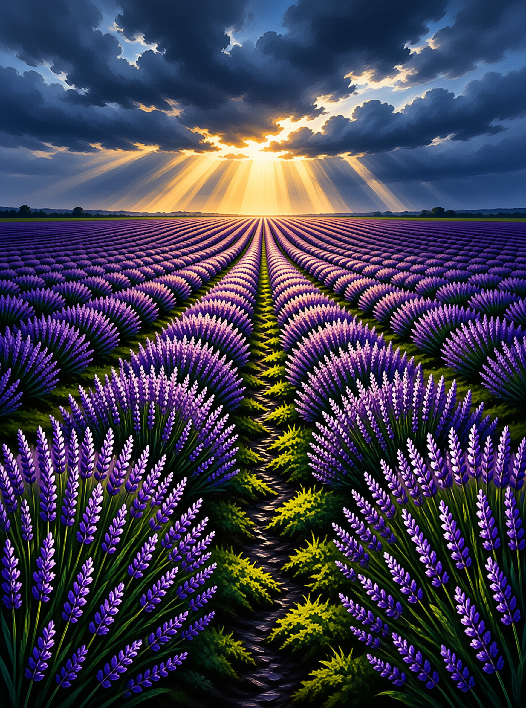 Painted furrows of purple blooms run toward a horizon where golden light bursts through a gathering storm