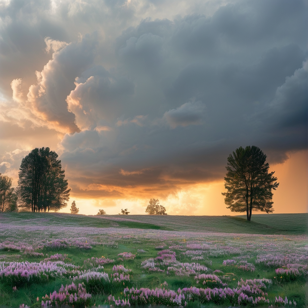 A wide open grassland scattered with purple flowers sits below a sky split between bright sunset light and heavy dark clouds.