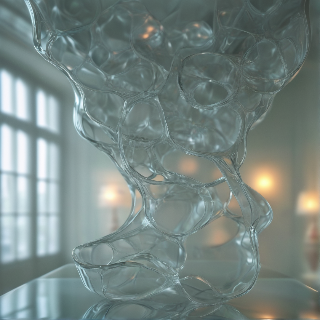A clear bubbly organic sculpture rests on a reflective surface, lit by soft window light in a softly blurred indoor room.