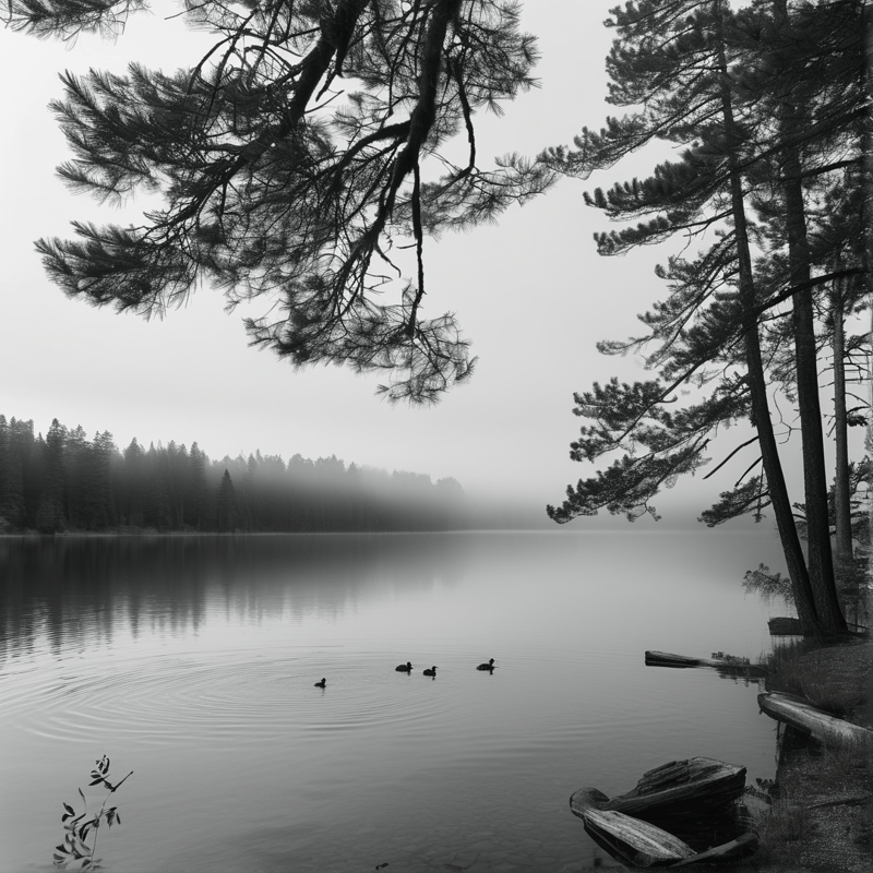 Four waterfowl glide across the still surface of a fog-covered lake framed by overhanging pine branches and distant trees.