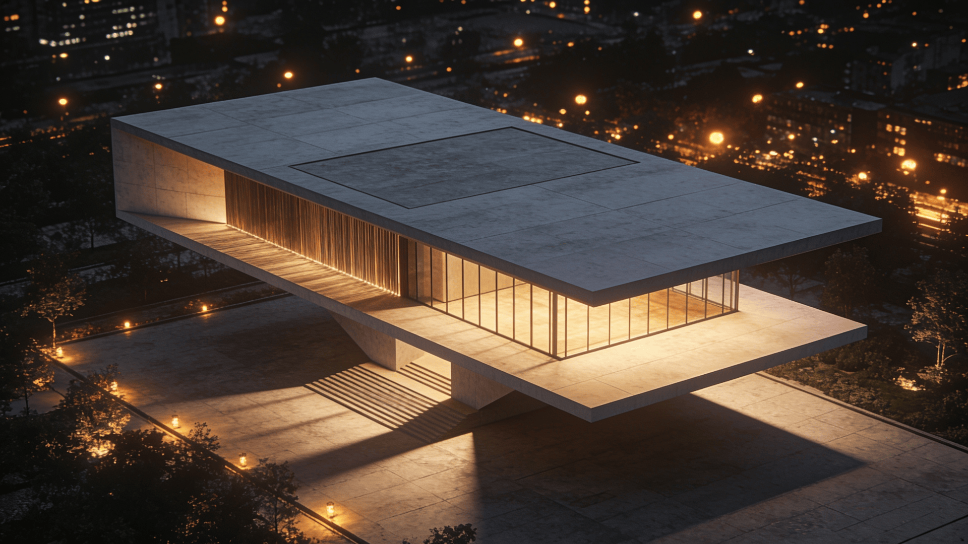 Pavilion with Floating Cantilever — Night With Warm Lights