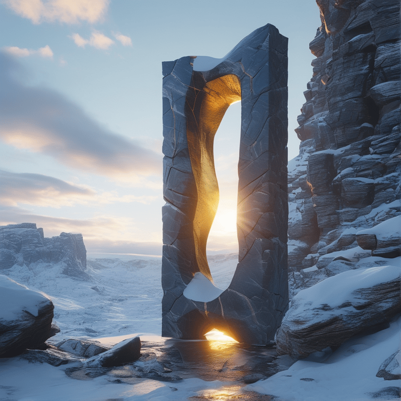 A massive stone archway stands amidst a frozen landscape as warm sunlight passes through its central void lighting up the rough texture of the rock and reflecting brightly off the icy surface below near steep snow covered slopes.