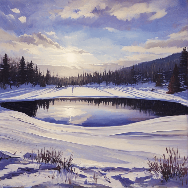 A frozen pond reflects the evergreen forest and bright sky across a snowy winter landscape with visible brushstrokes.