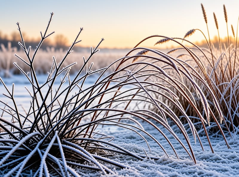 Close-up of frost covered grass blades backlit by warm golden light in a winter field