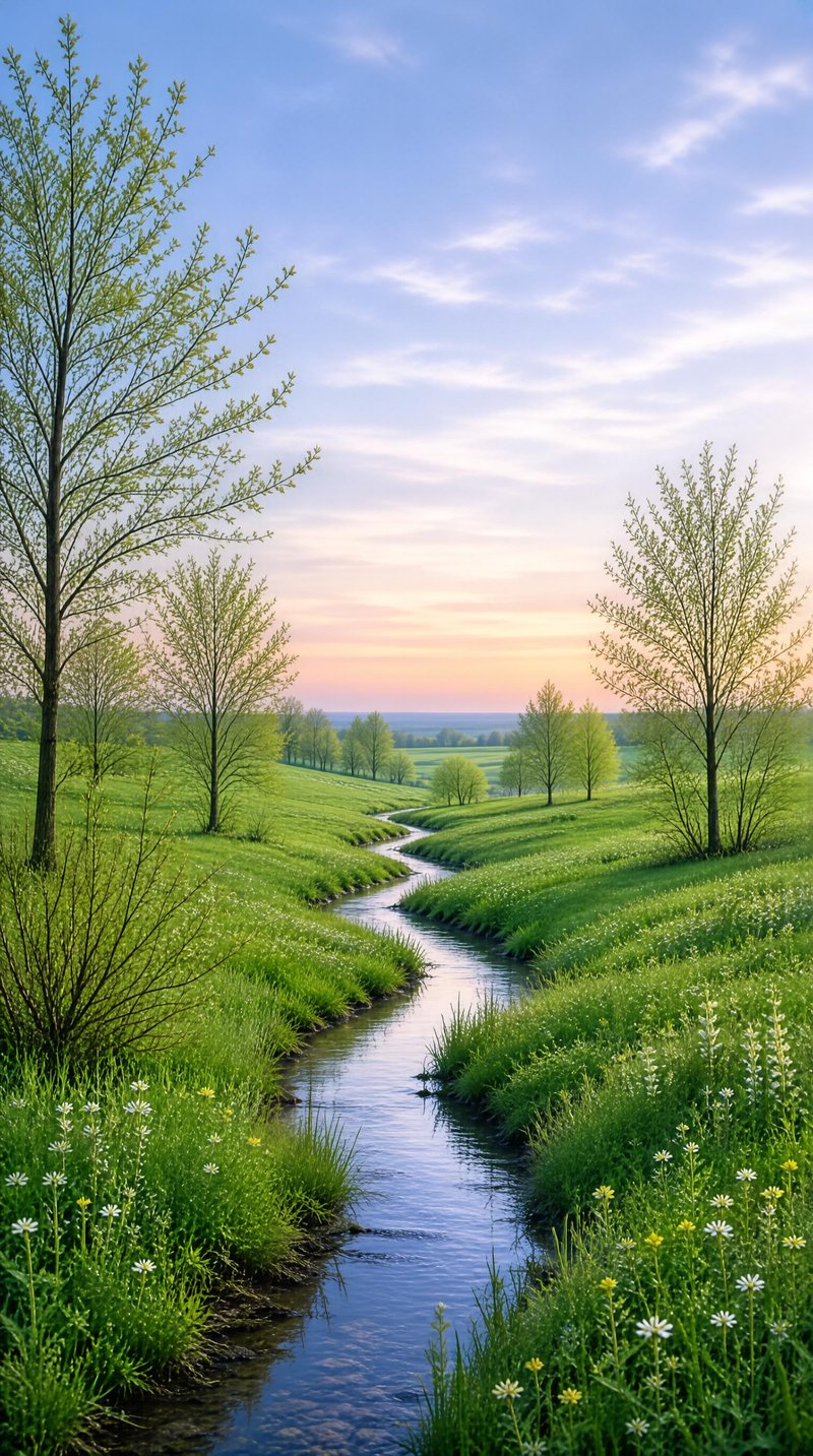 Winding Stream in Spring Meadow