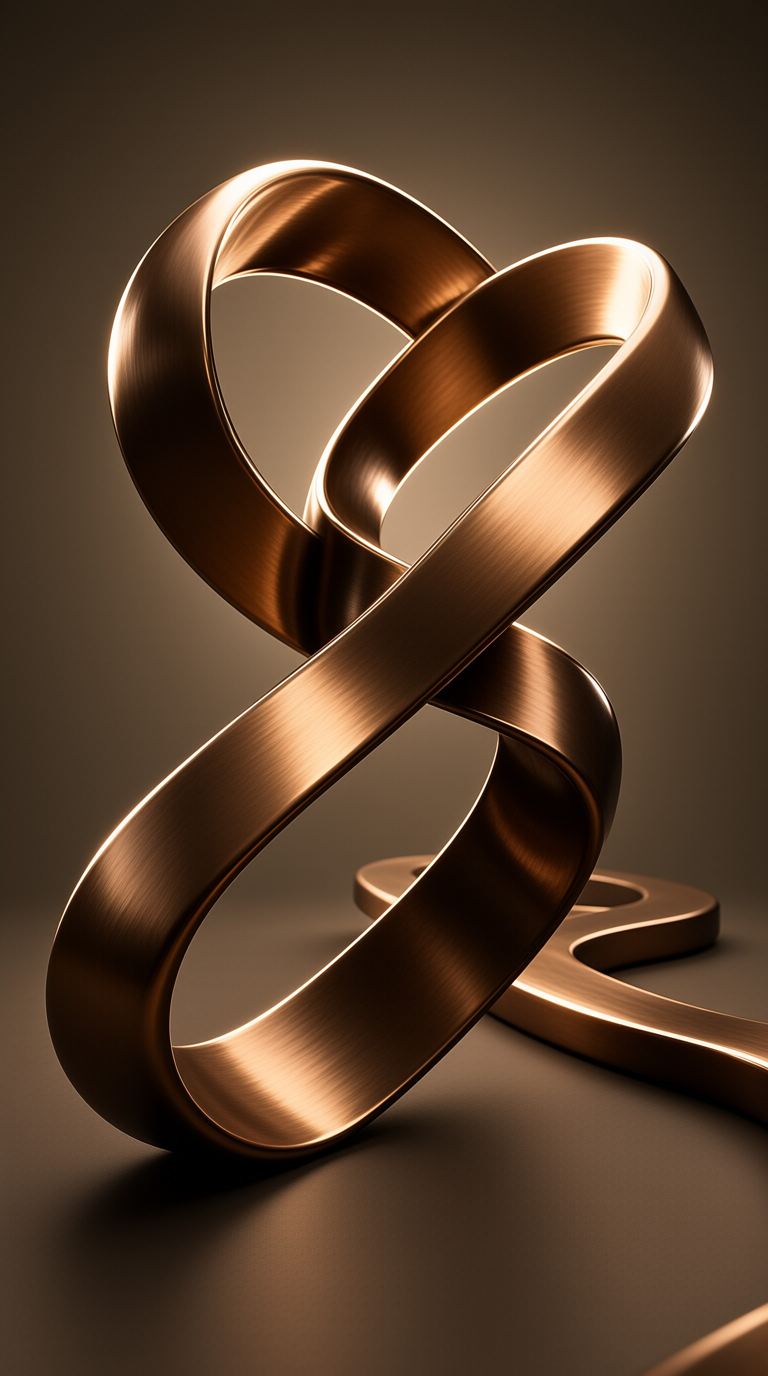 A polished bronze twisted ribbon sculpture casts a soft shadow on a smooth dark surface under warm directional lighting.