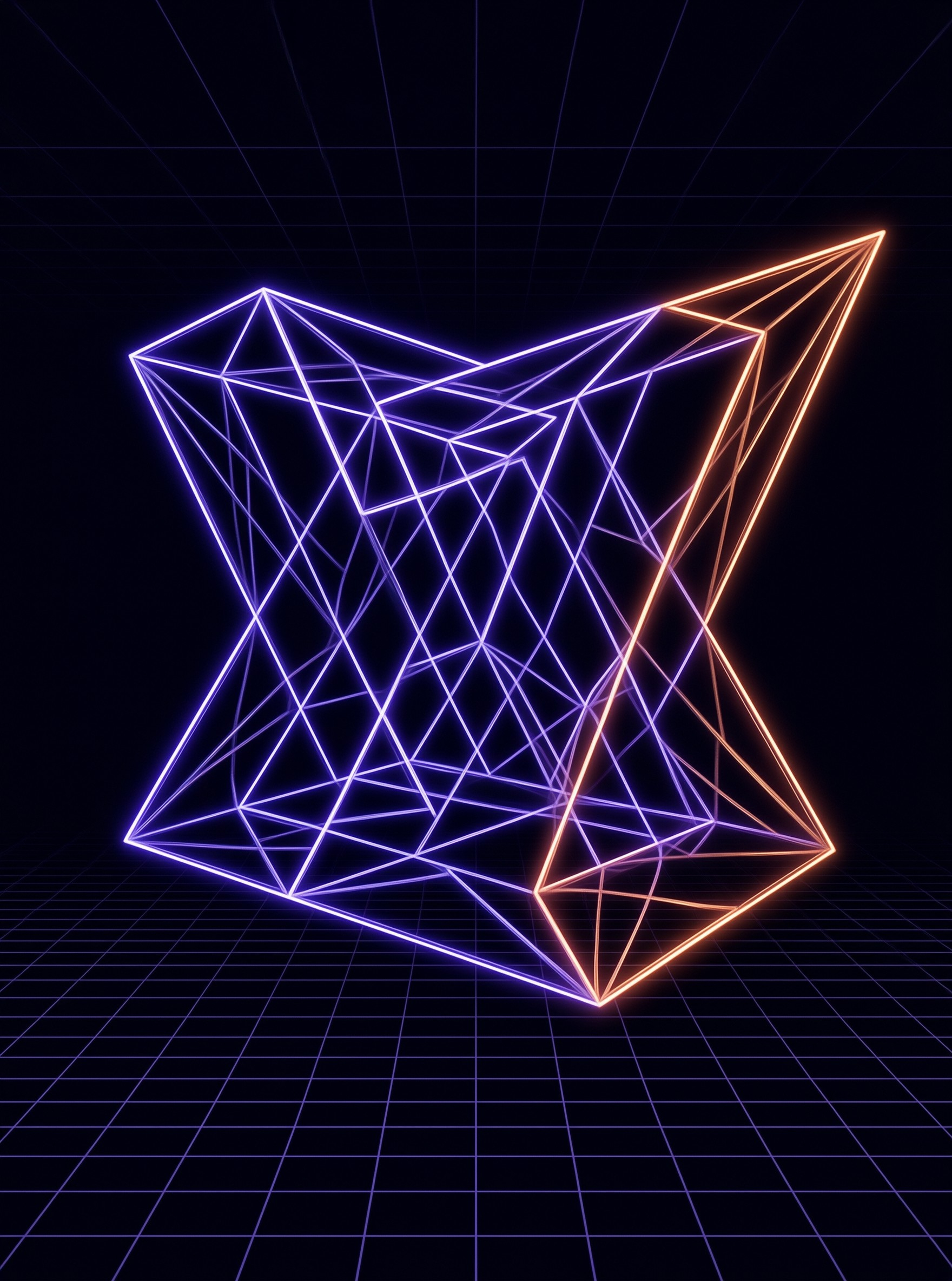 A twisted geometric wireframe glows with purple and orange neon lights suspended above a dark blue digital grid.