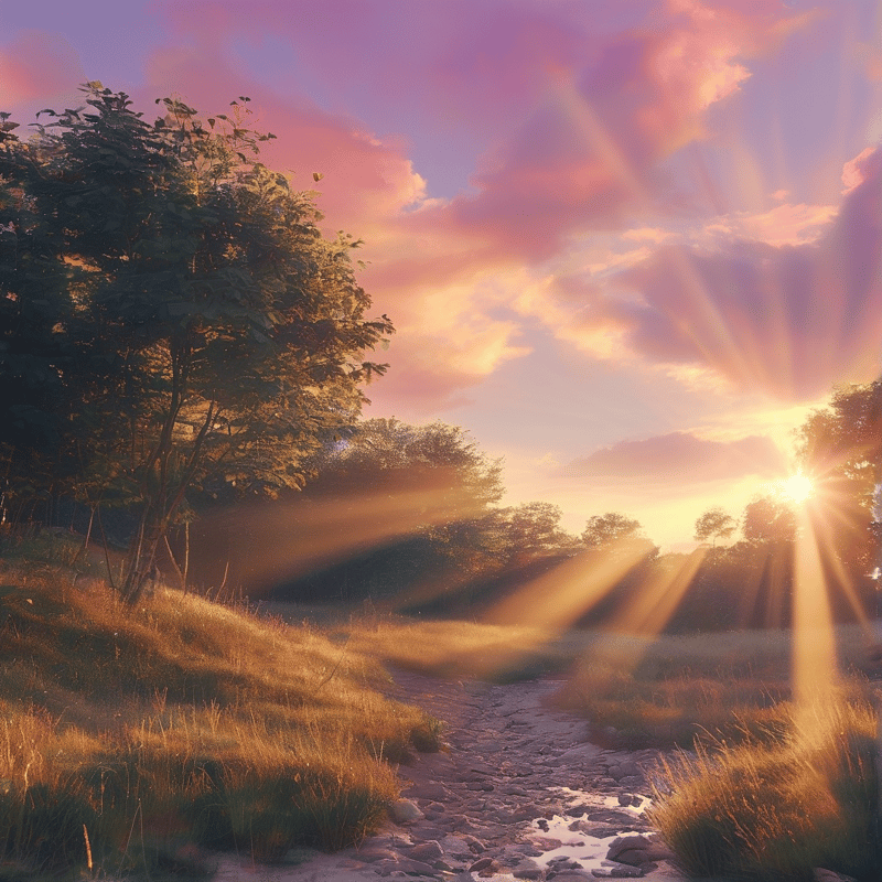 Sunset Landscape with Rays of Light