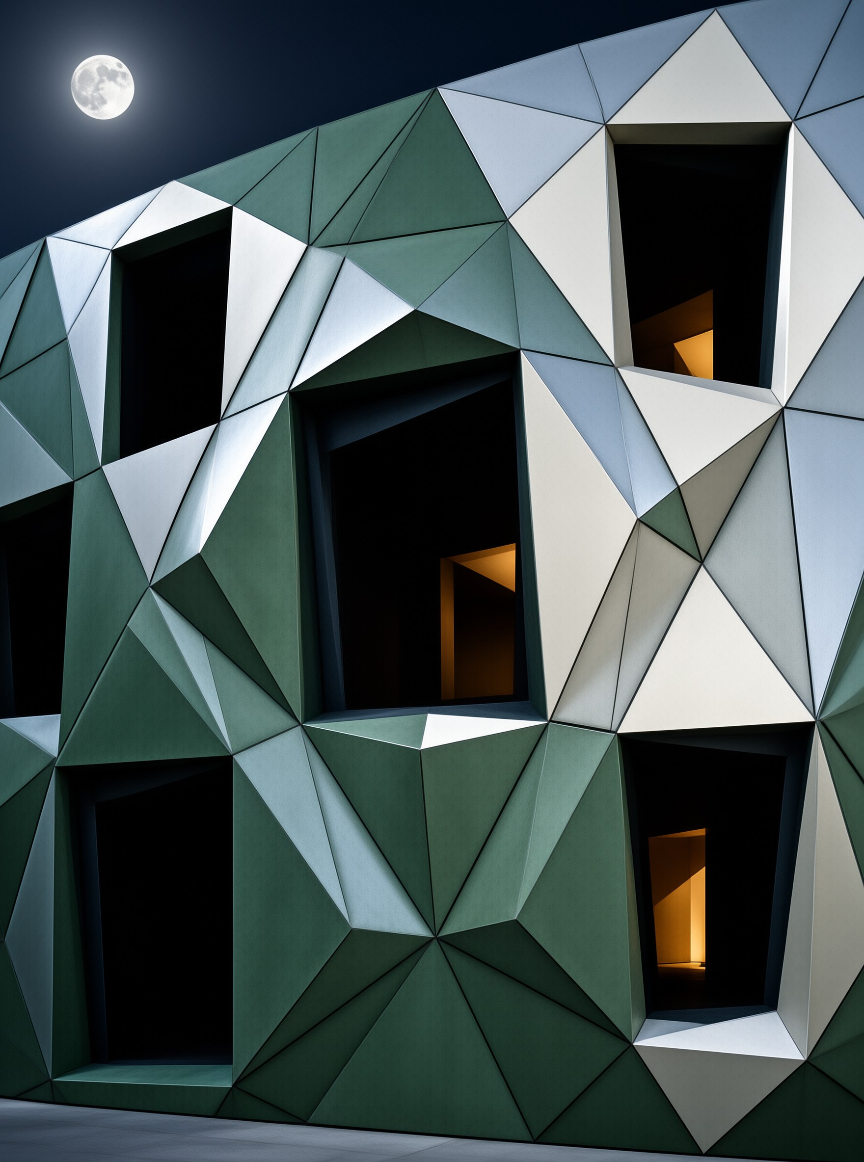 A faceted building wall of green and white triangles with warm lit windows beneath a full moon