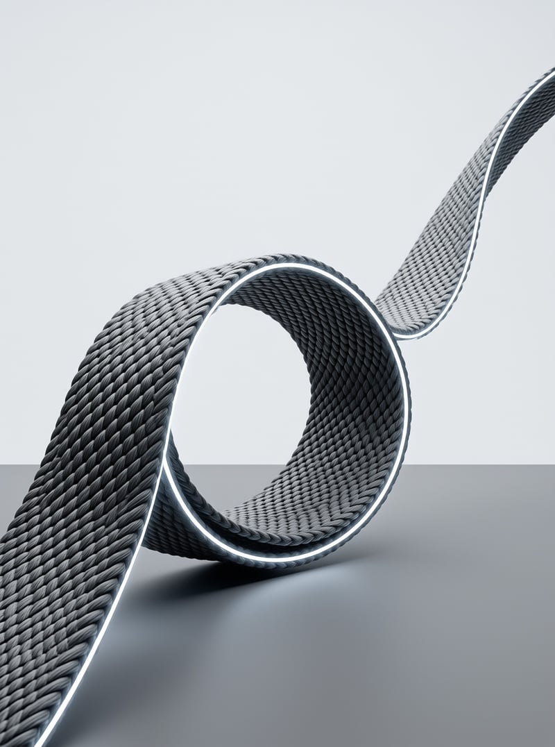 A sculptural loop of dark braided cord with a thin glowing white rim, curving across a pale minimalist studio surface.