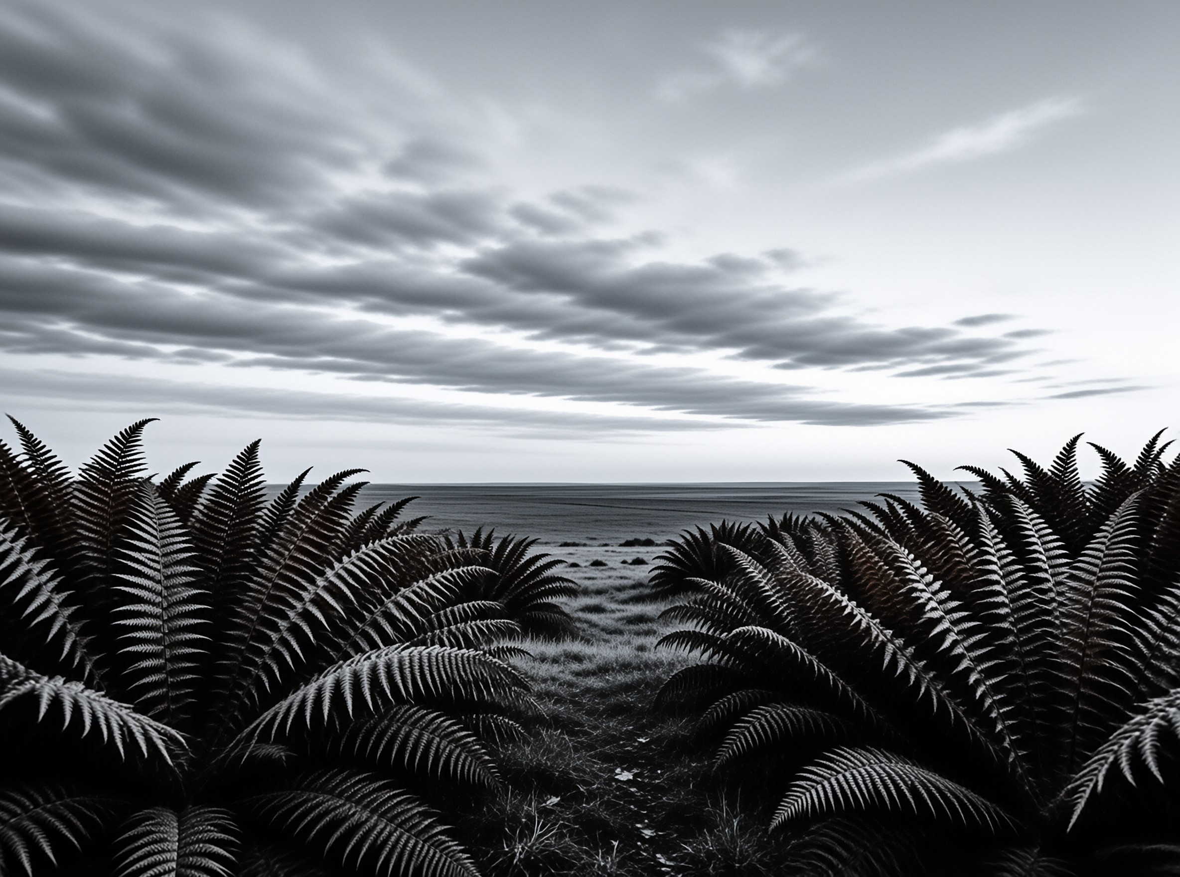 Monochrome view of ferns in the foreground looking out toward a flat ocean horizon under a dramatic cloudy sky.