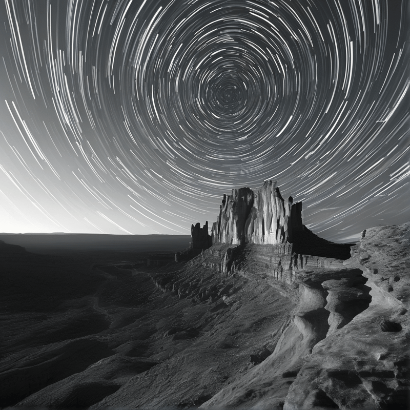 Swirling star trails circle the night sky above a rugged desert landscape in monochrome tones.