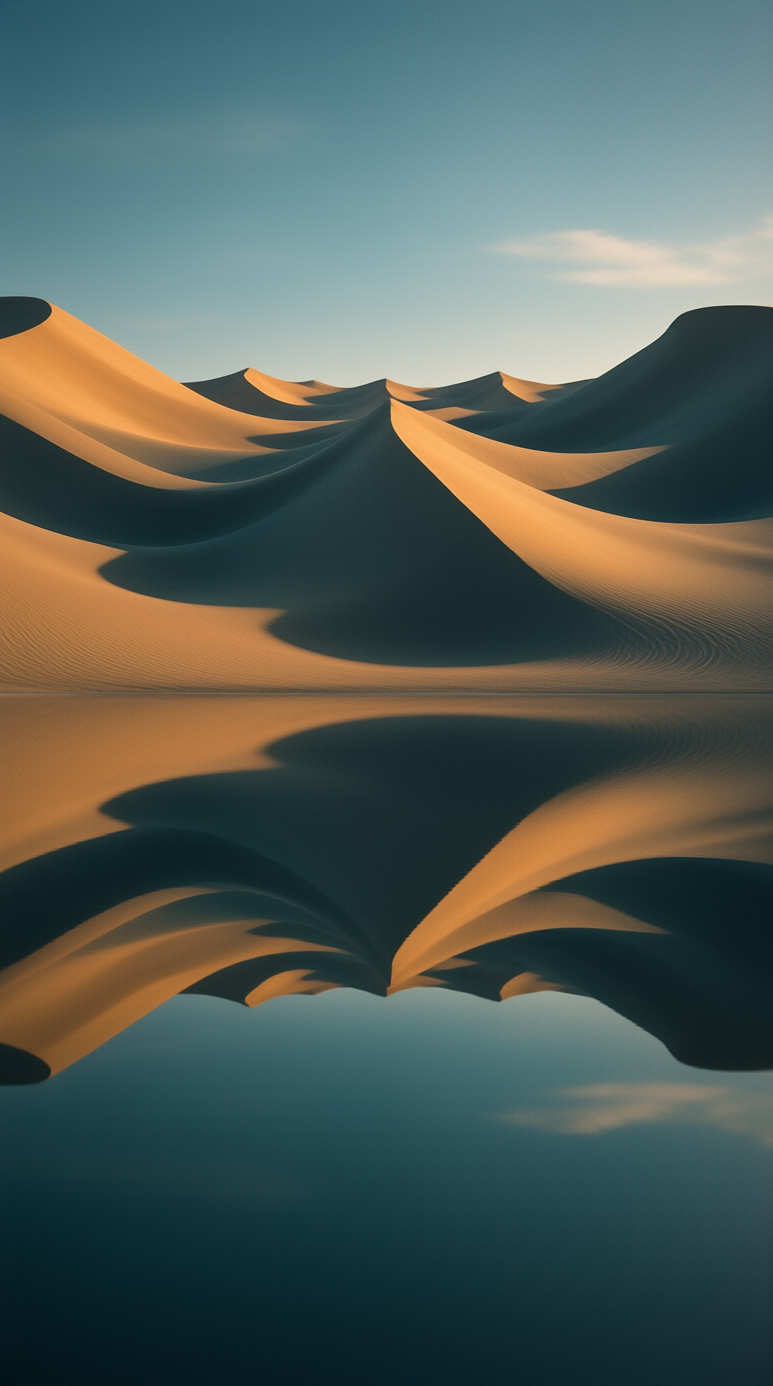 Sculpted desert hills cast deep shadows across a bright horizon with a seamless mirror reflection cutting through the frame.