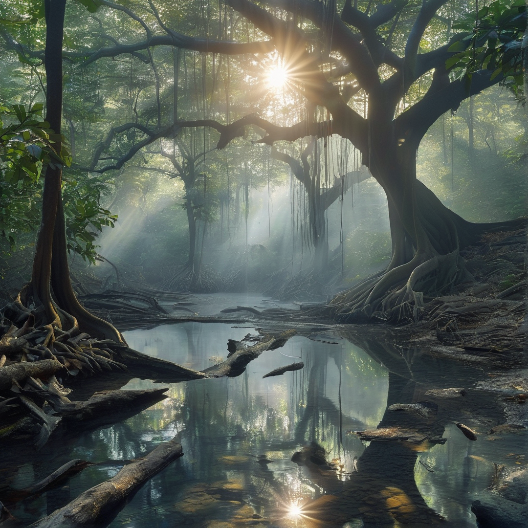Sunlit Forest Reflection