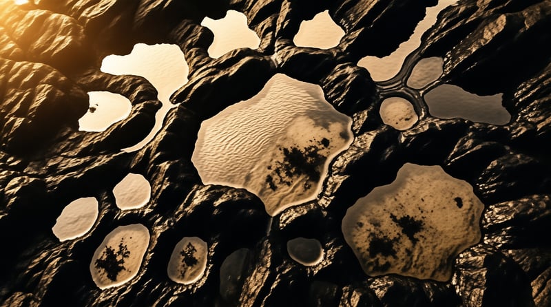 Warm light reflects off shallow pools scattered across dark craggy rock, each basin glowing like molten gold from above.