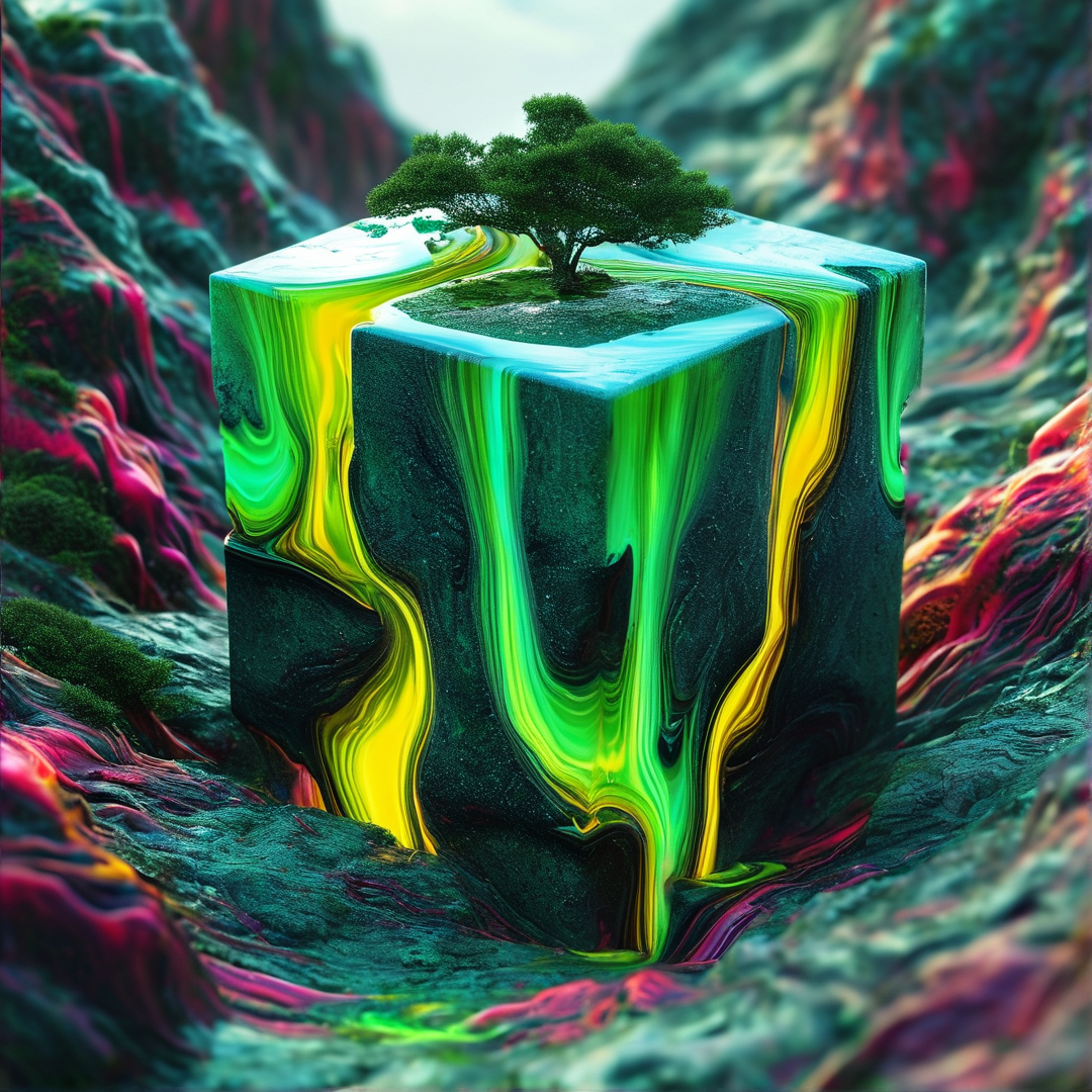 A glossy stone block with green and yellow veins stands in a rocky valley with a small tree growing from its top
