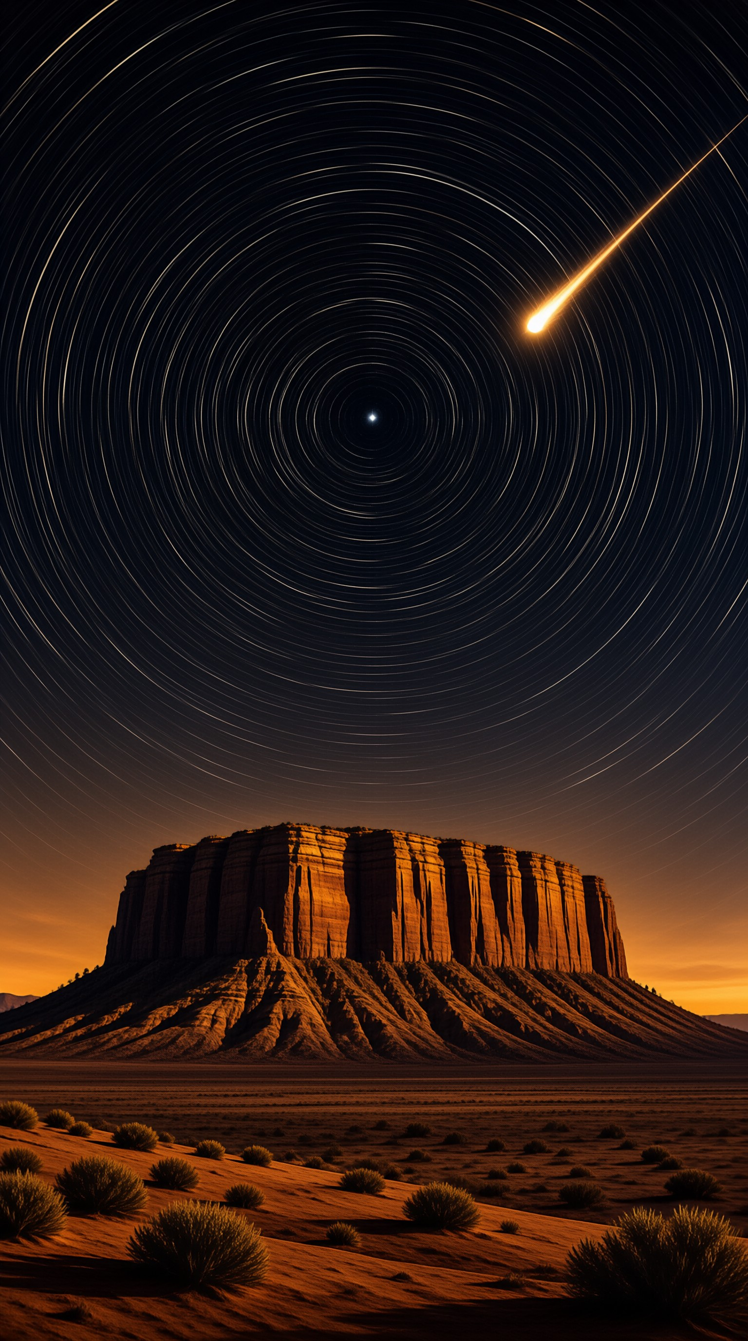 A bright meteor streaks across a dark sky filled with circular star trails above an orange desert mesa.