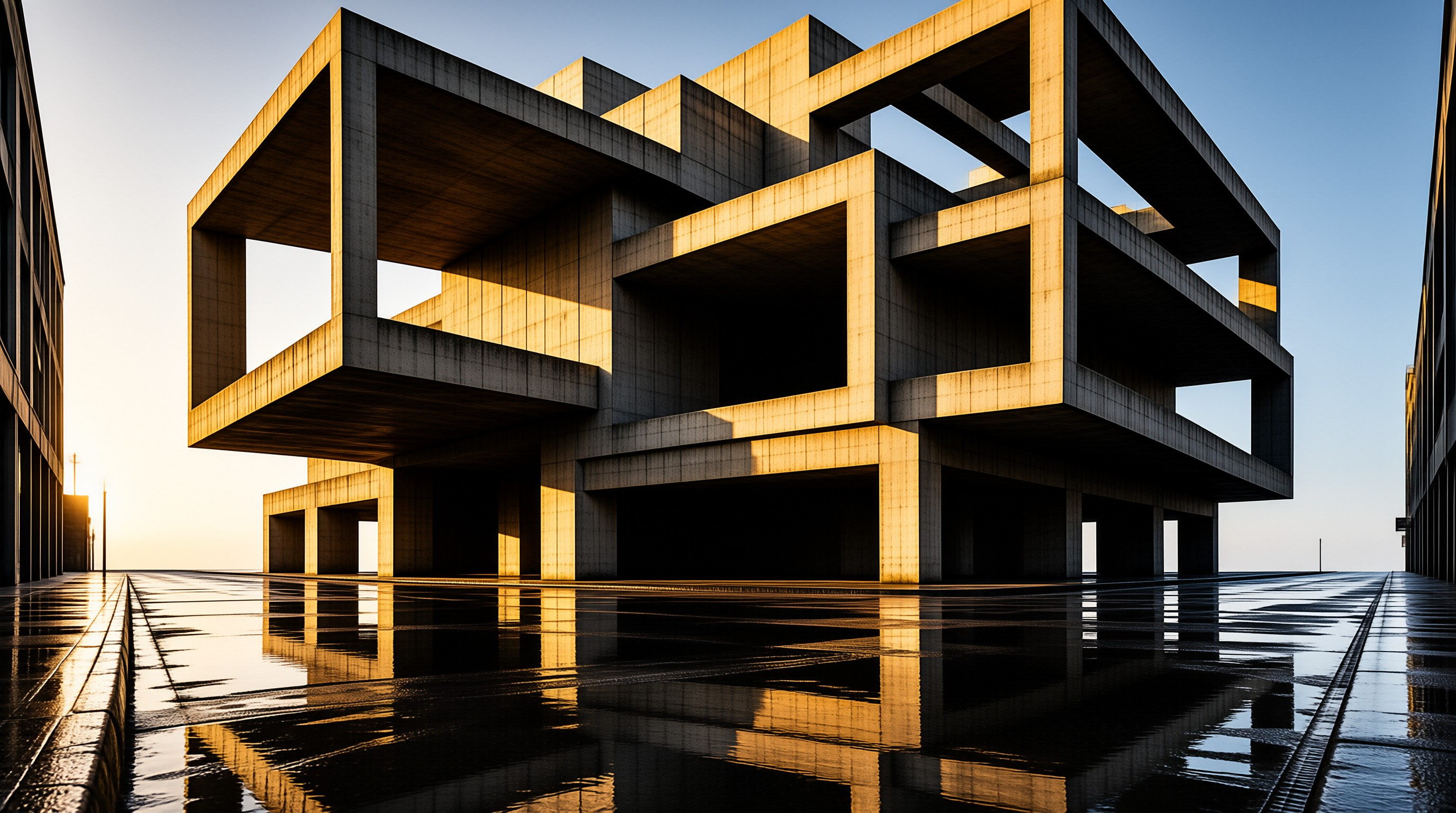 Concrete building stands against a blue sky, with golden sunlight highlighting geometric forms and reflecting on pavement.