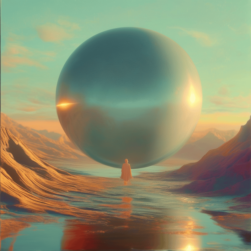 A large shiny sphere floats above a landscape featuring mountains and water reflecting the sunset.