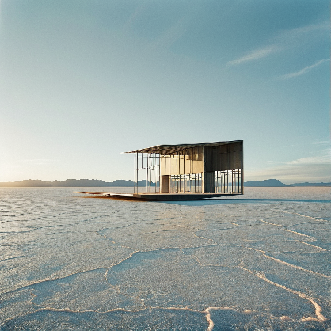 A minimalist pavilion rests on a cracked salt flat with distant mountains under a pale blue sky during golden hour.