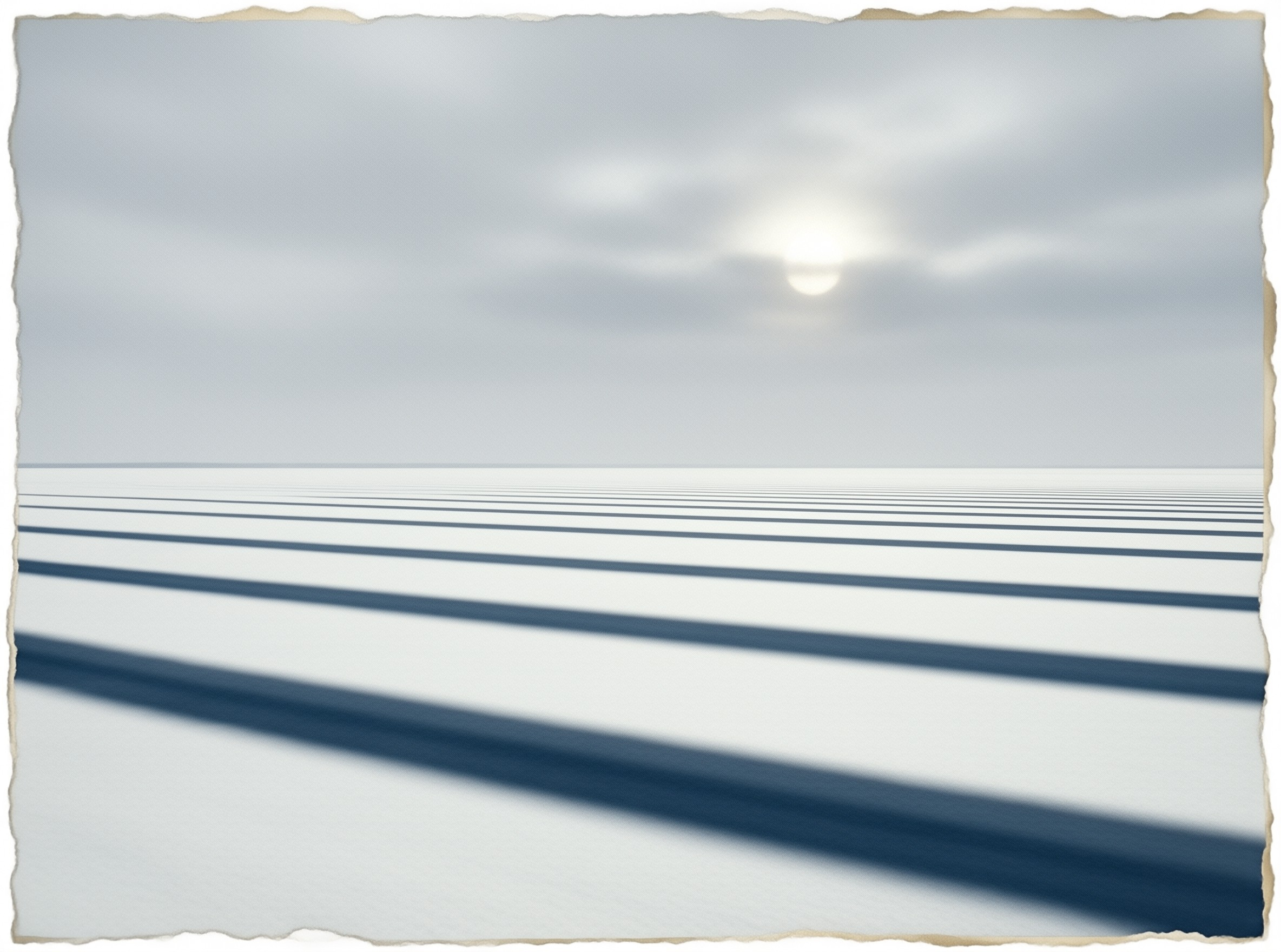 Parallel dark shadows cross a vast white landscape under a pale sky with a diffused sun.