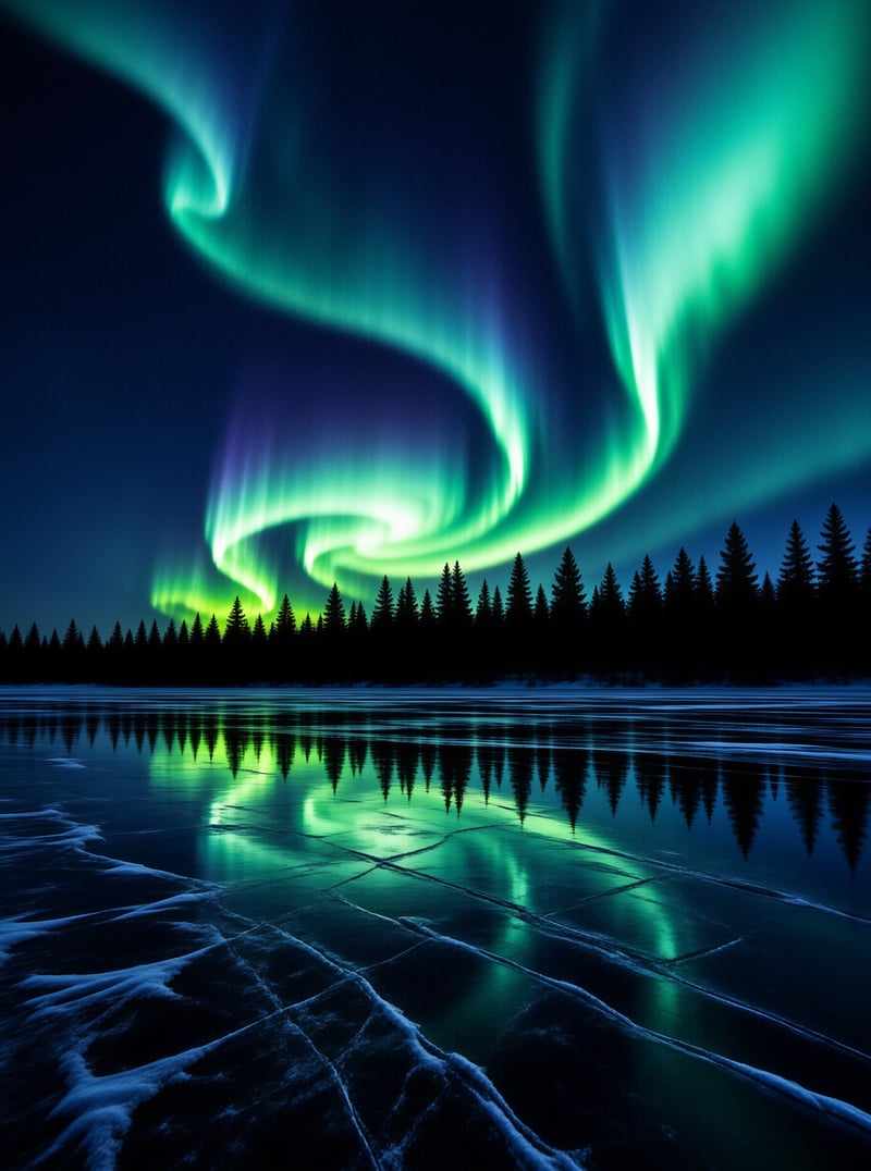 Bright green aurora curtains dance above a dark forest line and cast a vivid reflection onto the cracked ice below.