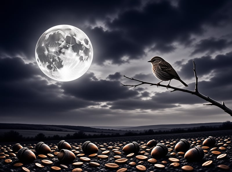 A small bird sits on a bare branch against a dark cloudy sky with a large moon rising above a field of acorns.