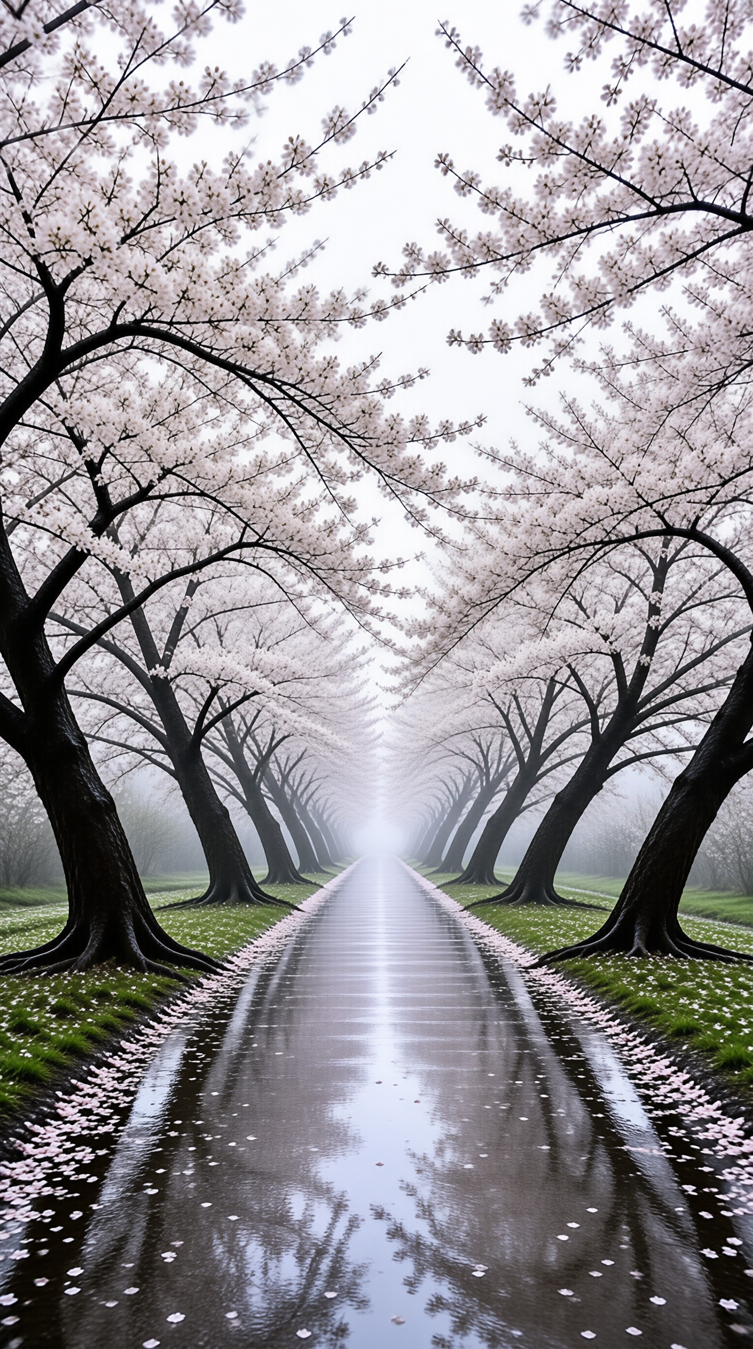 A symmetrical perspective shows a wet paved path flanked by flowering trees vanishing into dense white mist.