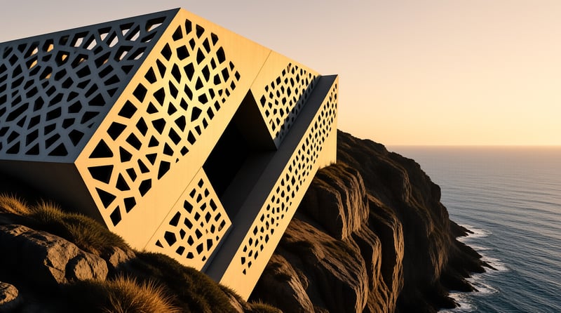 A building featuring geometric cutouts stands on a rocky cliff overlooking the ocean at sunset.